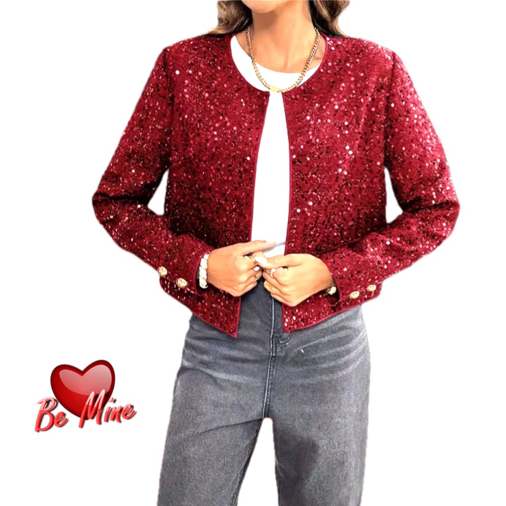 SHEIN Essence Burgundy Sequin Crop Jacket/Shrug NWOT 22"p2p, 18"length